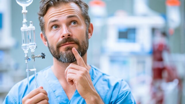 Perfusionist holding perfusion tubing in an operating room while thinking. Concept of quiz, consultation and trivia about perfusion.