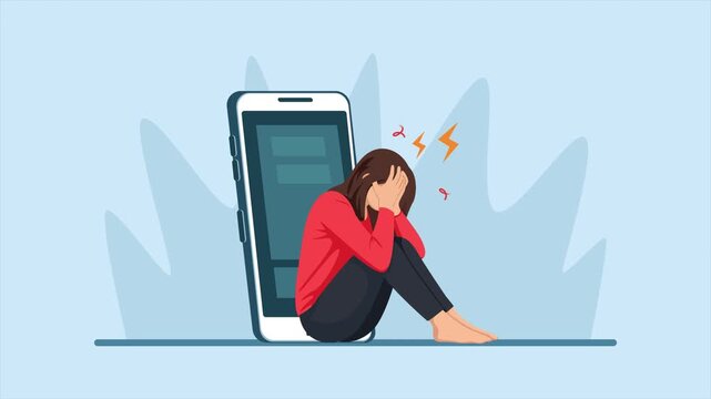 Exhausted person overwhelmed by mobile notifications. Digital Stress concept. Full length Icon animation illustration. High quality&nbsp;4k&nbsp;footage