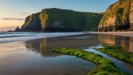 Obraz premium Serene coastal landscape at sunset featuring lush green cliffs, calm waves, and reflective sand