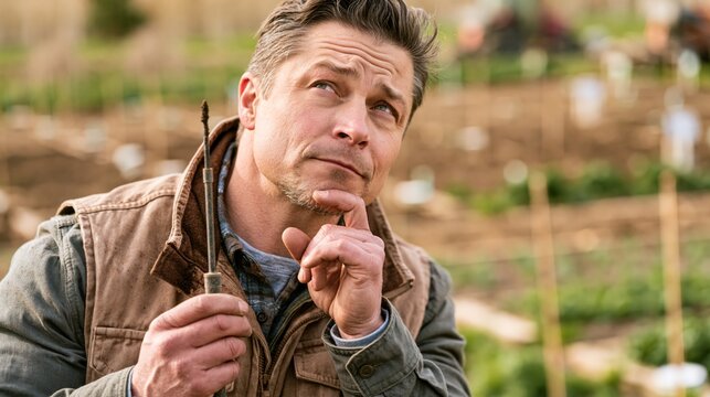 Organic soil scientist holding a soil probe in a test field while thinking. Concept of quiz, consultation and trivia about soil science.