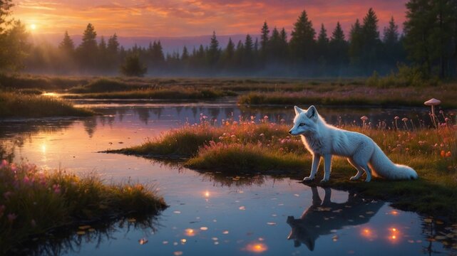 Majestic white fox standing by a serene river at sunset, surrounded by vibrant wildflowers and mist