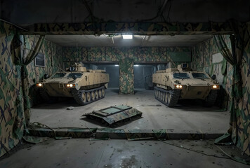 Fototapeta premium Two military armored personnel carriers parked inside a camouflage-decorated underground bunker or garage, ready for deployment