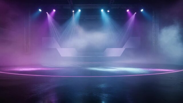 Dynamic video of empty stage with colorful lights swirling fog vibrant atmosphere for events and performances