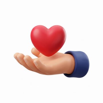 3D hand holding a red heart icon for love and care concept with donation kindness affection relationship