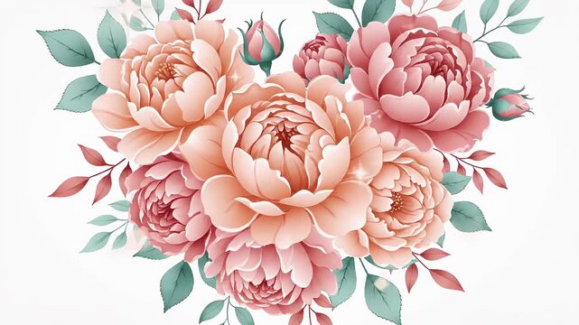 Heart-shaped bouquet of peonies in soft peach and pink, delicate watercolor floral arrangement for wallpaper, fabric, or romantic design