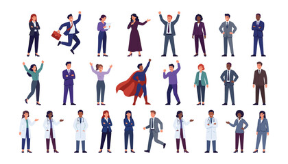Diverse business people and corporate workers set with superhero manager leader standing jumping running gesturing professionals collection vector © Monzurul