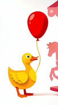 A cheerful yellow duckling holding a red balloon, with a carousel horse silhouette in the background, simple cartoon style