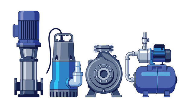 Industrial water pump vector set with centrifugal submersible pressure booster vertical multistage system machine electric equipment icons