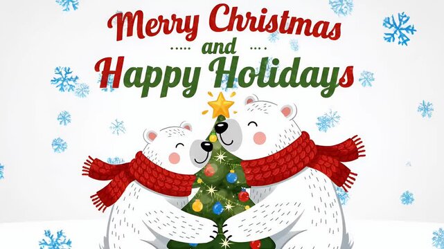 Animated snowflakes falling on two hugging polar bears with a christmas tree and "Merry Christmas Happy Holidays" text