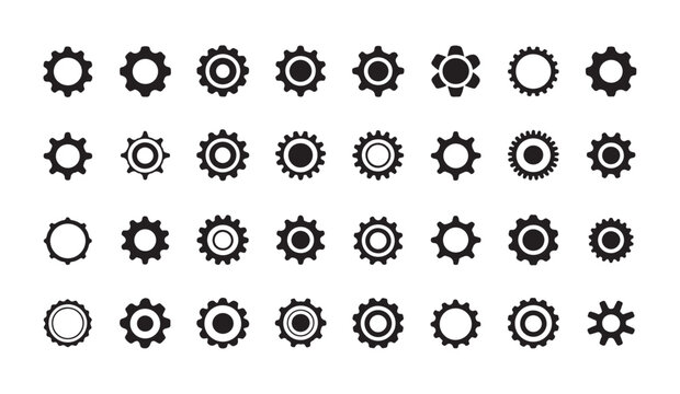 Comprehensive collection of various gear and cogwheel vector icons for mechanical and technical interface.