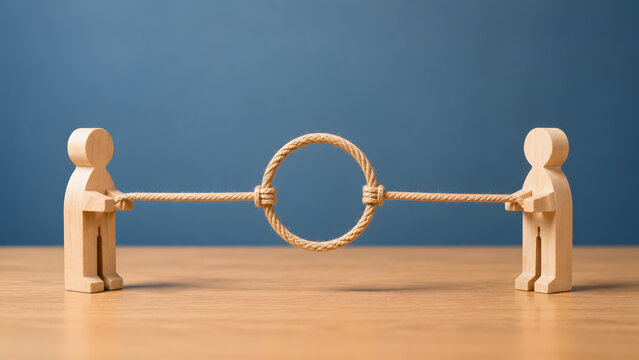 Two wooden figures pulling ropes connected to a central ring representing partnership teamwork unity and collaboration