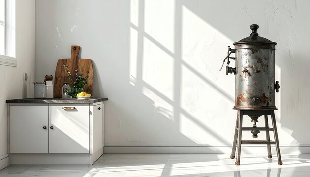 Rustic Kitchen Corner with White Cabinets and Vintage Steel Still