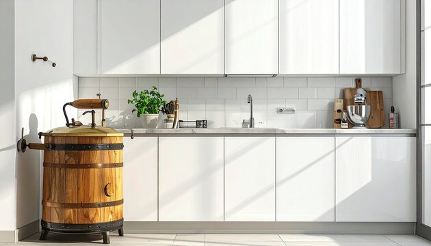 Bright Modern White Kitchen Sink Area with Wooden Barrel