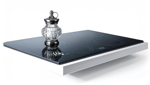 Shiny Glass Salt Shaker on Black Induction Cooktop