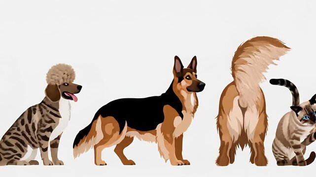 Pixel art dogs and cats lined up, diverse breeds, playful pets, adorable animals, cute characters, simple cartoon style, isolated on white