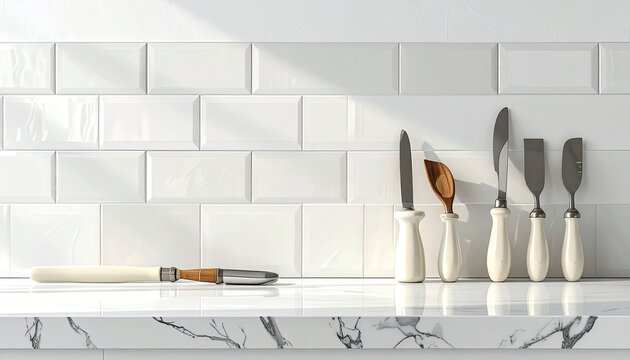 Clean Modern Kitchen Knife Set on Marble Counter with Wooden Utensil