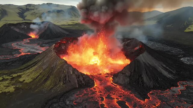 Active volcano erupting with molten lava flowing down, spewing smoke and ash into the sky, powerful natural disaster footage