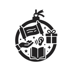 Naklejka premium Circular arrangement of scroll, book, and holiday gift icons.