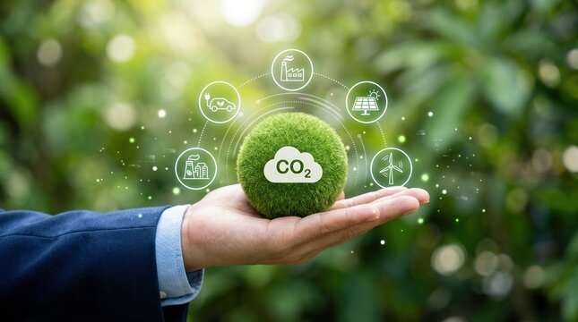 carbon neutrality, net zero, sustainability, eco-friendly, renewable energy, green technology, environmental conservation concepts shown with digital icons on a hand in nature.