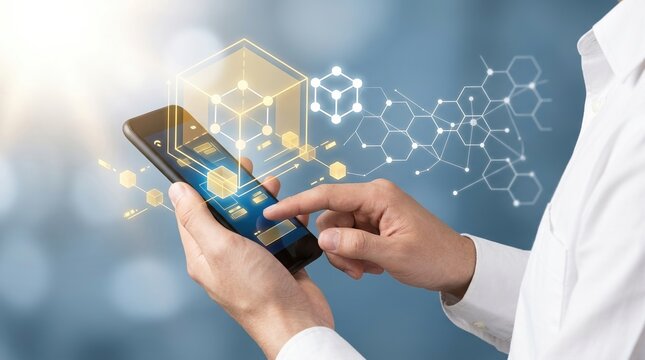 Blockchain technology cryptocurrency digital data network future concept of a person using a smartphone with glowing holographic 3D cubes and secure decentralized web3 storage.