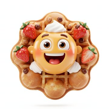 Cute smiling emoji character face on a strawberry bubble waffle dessert
