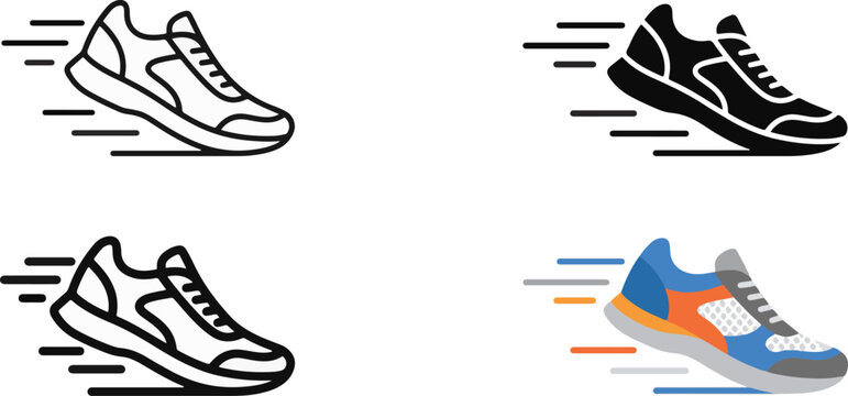 Running Shoes and Sports Footwear Icon Set, Athletic Sneakers, Fitness Training, Jogging and Active Lifestyle Vector Collection