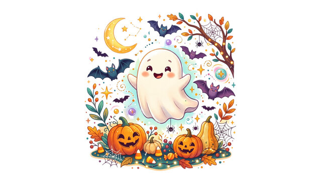 A cute cartoon ghost floating happily amidst a Halloween scene with pumpkins, bats, and a crescent moon. The illustration is colorful and whimsical, perfect for festive decorations.