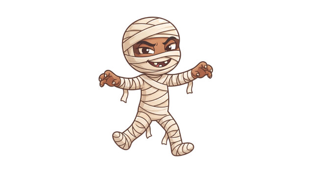 A cartoon illustration of a mummy character with bandages covering its body, standing with its arms outstretched in a spooky pose