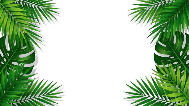 Tropical jungle leaves frame motion graphic, lush green palm and monstera foliage border, fresh natural summer background