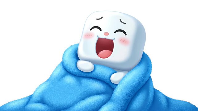 Cute cartoon ice cube character sleeping warmly under a blue blanket, cozy and peaceful, animation loop