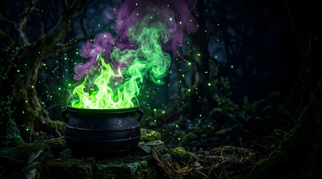 Magical cauldron with green fire and purple smoke in a dark spooky forest