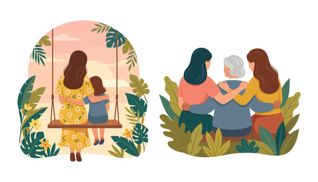Family generation concepts vector set with mother child on swing and adult daughters hugging senior grandmother from back view