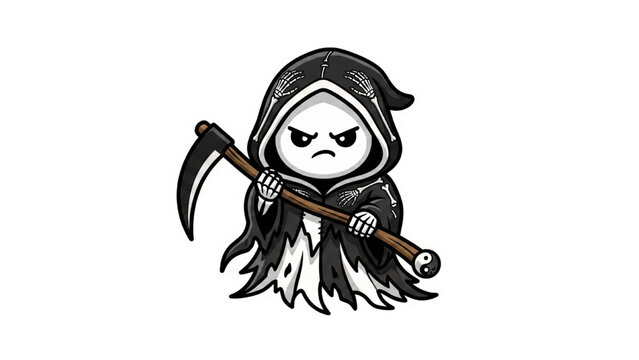 A cute, angry cartoon  with a scythe, wearing a black hooded robe with white tattered edges