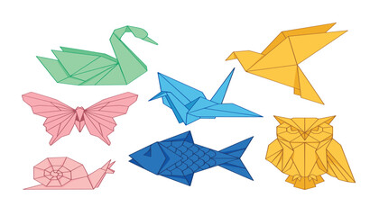 Origami paper animals vector set with crane swan butterfly fish owl snail and bird geometric low poly linear outline icons © Monzurul