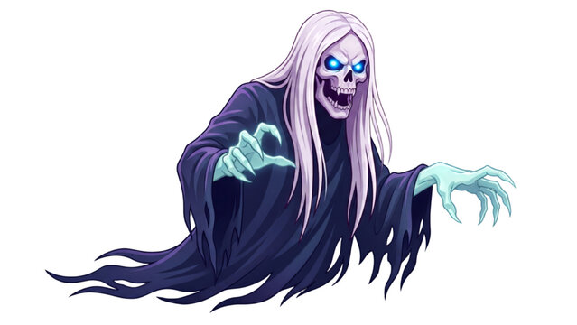 A terrifying ghost with long white hair and glowing blue eyes, wearing a dark tattered robe, reaching out with claw-like hands