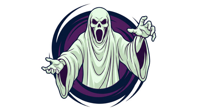 A spooky ghost figure with a gaping mouth and outstretched hands emerges from a swirling vortex, its eyes glowing with an eerie luminescence