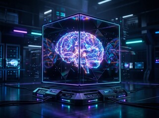Fototapeta premium Glowing digital brain inside a futuristic glass cube in a high tech laboratory environment