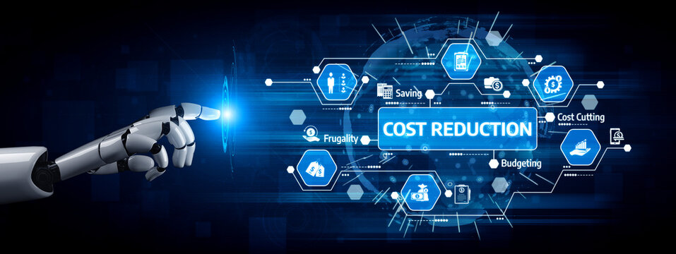 A modern robot hand interacts with a digital interface showcasing various icons emphasizing cost reduction methods and financial efficiency for businesses. Tessel