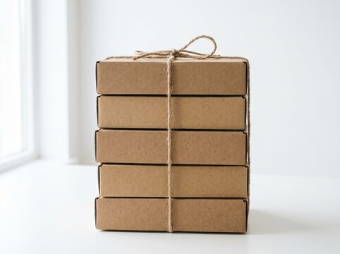 Stack of five brown cardboard gift boxes tied together with rustic twine string