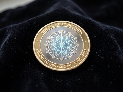 Golden physical coin representing a digital asset network with a geometric node pattern design