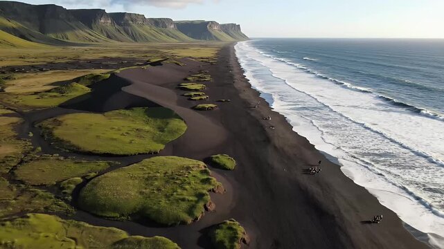 Aerial drone footage of a dramatic black sand beach, ocean waves crashing on shore, green grass patches, sea stacks and cliffs in the distance