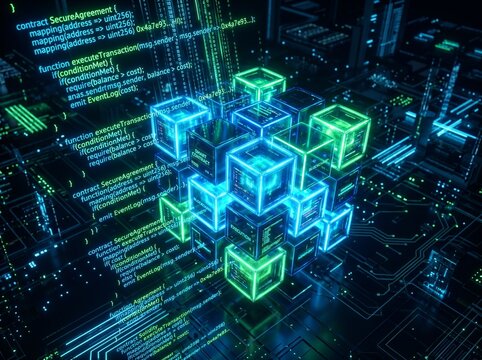 Glowing digital cubes representing smart contracts within a blockchain network structure