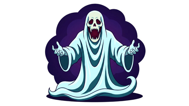 Scary ghost with glowing red eyes and an open mouth, floating in the dark. The ghost is draped in a white sheet with its arms outstretched, looking menacing and spooky.