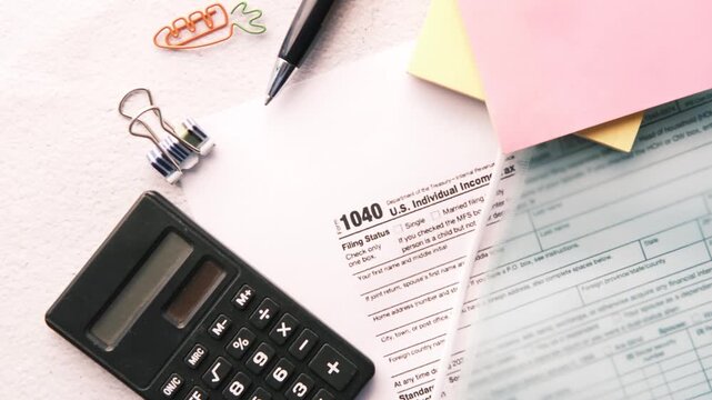 Close-up view of 1040 tax form with calculator and pen on desk, preparing to file taxes