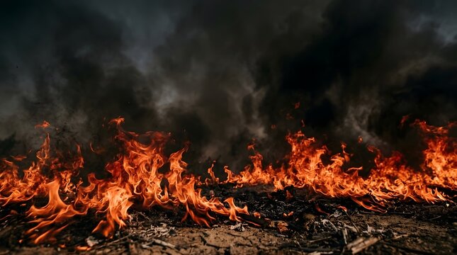 Wildfire burning on dry ground with thick black smoke against dark sky