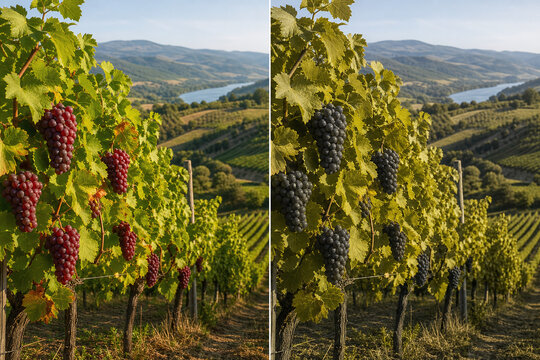 Split vineyard view showing protanopia color perception