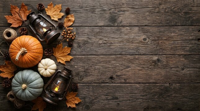 Autumn pumpkins and vintage lanterns on rustic wooden background