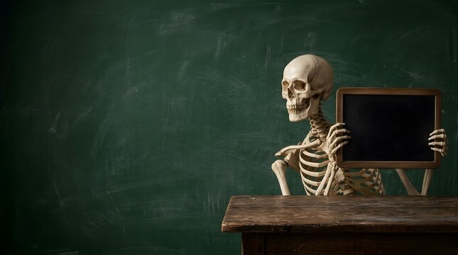 Human skeleton sitting at desk holding blank blackboard in front of green chalkboard