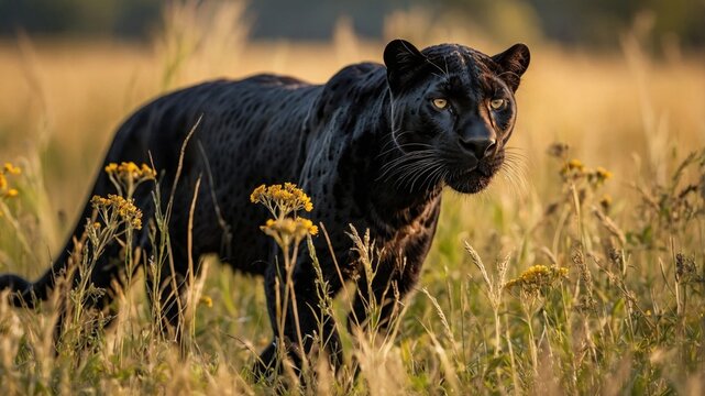 Majestic black panther prowling through golden grasslands at sunset, showcasing its stealthy nature