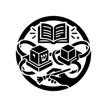 Tefillin and torah study emblem within a circular frame.